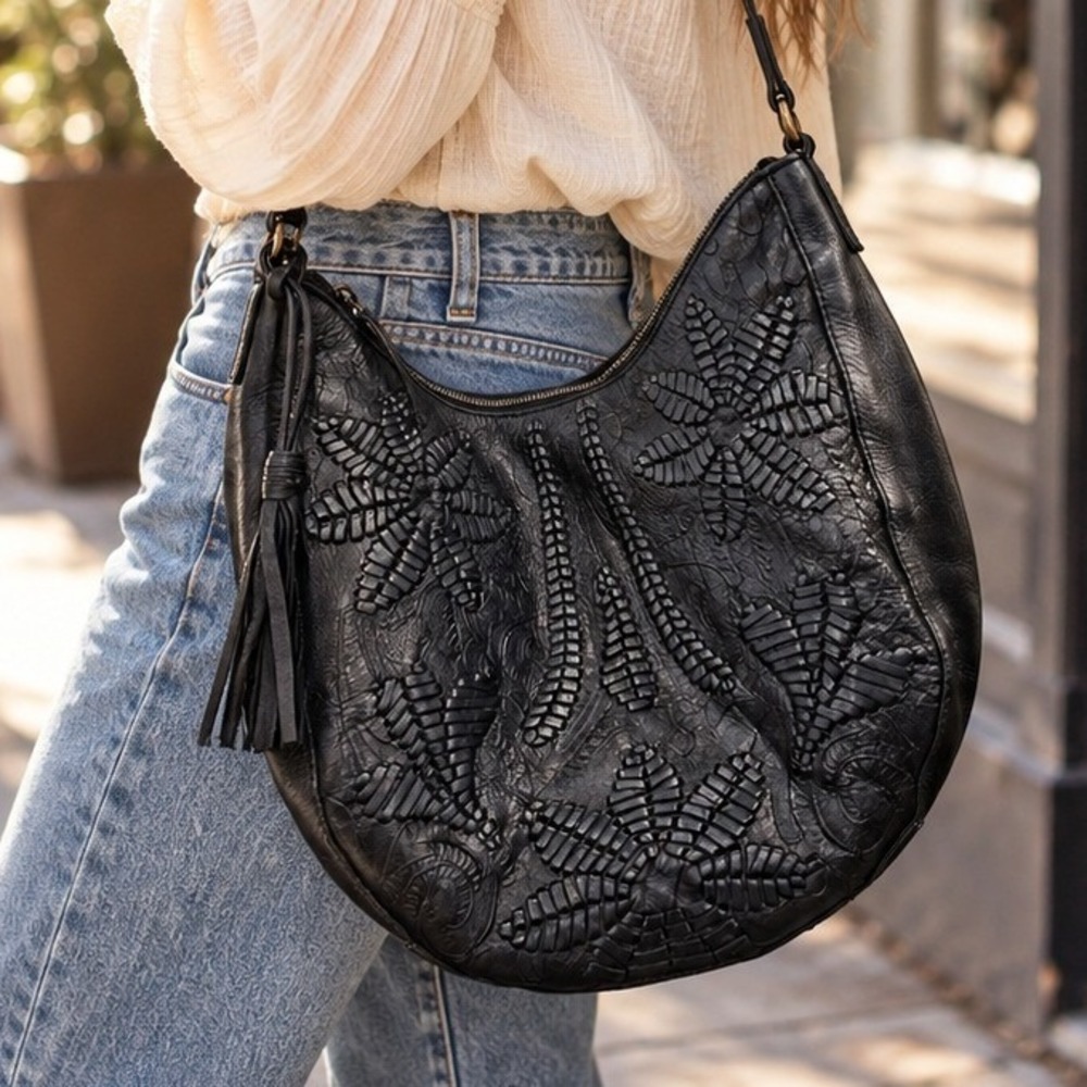 Lucky Brand Black 100% Cowhide Leather Embossed Floral Hobo Crossbody Bag